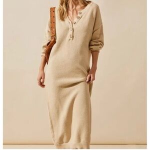 Free People Cream Knit Midi Henley Dress